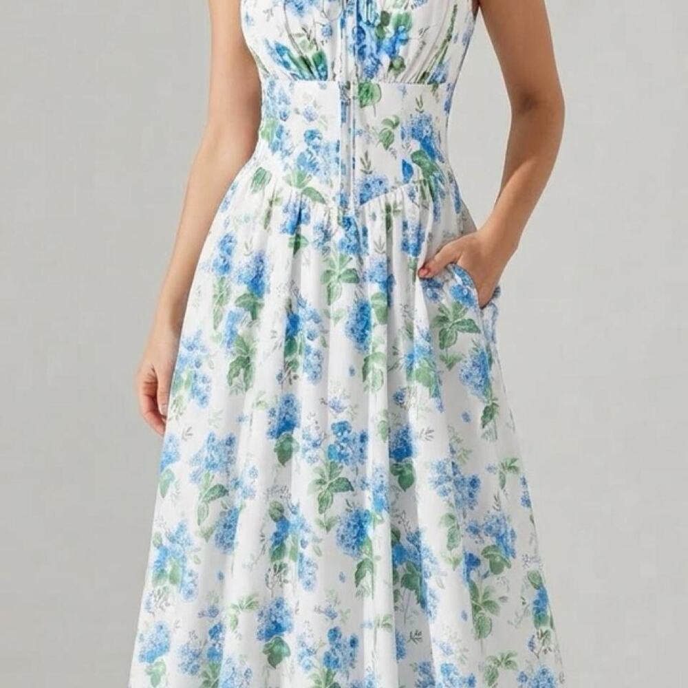 Scarlet D
arkness blue floral midi summer dress with pockets-Milkmaid Dress